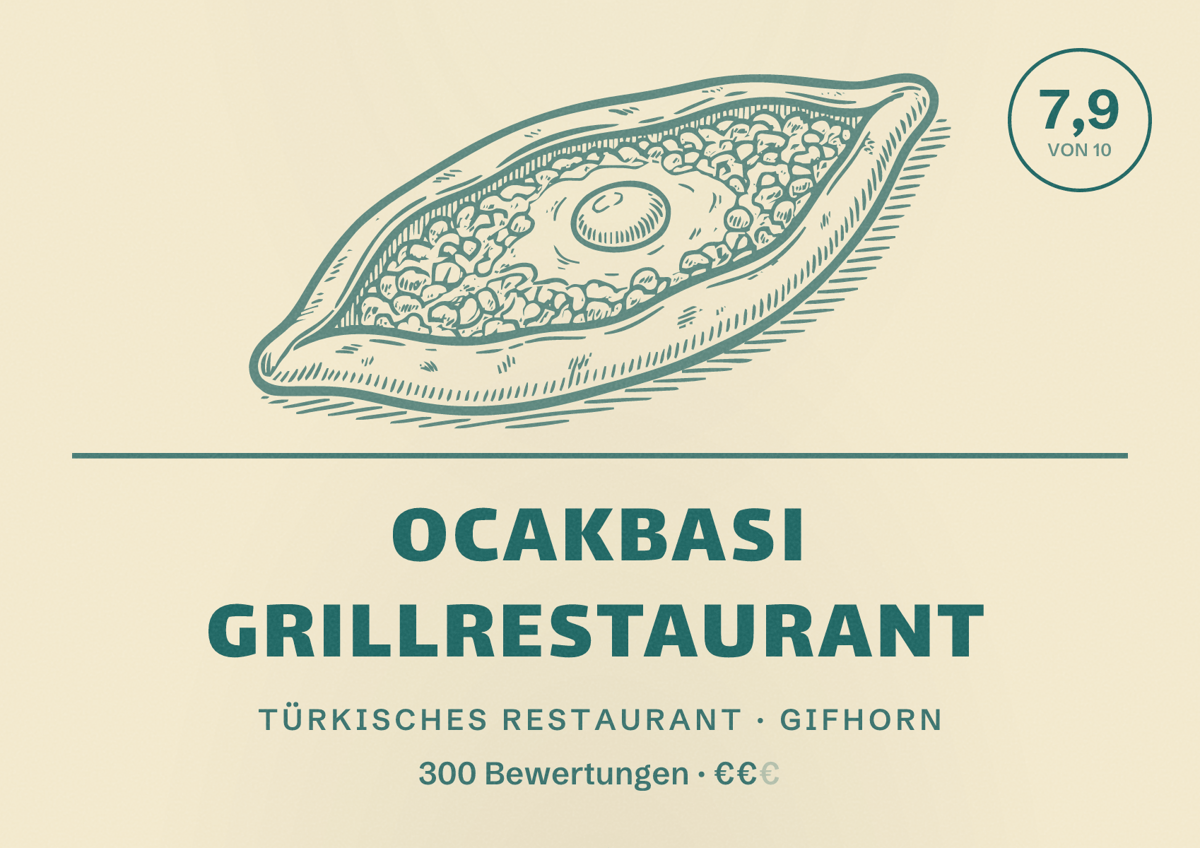 Illustriertes Poster von Ocakbasi Grillrestaurant, Türkisches Restaurant in Gifhorn: Bewertung 7,9 von 10 aus 300 Bewertungen, Preisniveau €€