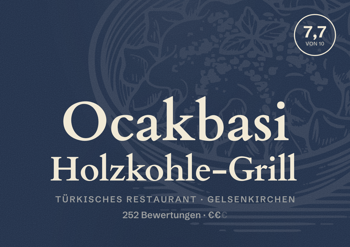 Illustriertes Poster von Ocakbasi Holzkohle-Grill, Türkisches Restaurant in Gelsenkirchen: Bewertung 7,7 von 10 aus 252 Bewertungen, Preisniveau €€