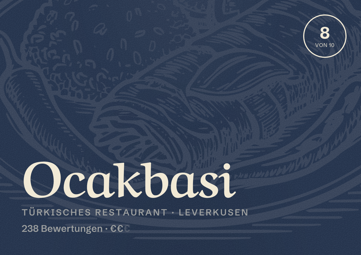 Illustriertes Poster von Ocakbasi, Türkisches Restaurant in Leverkusen: Bewertung 8,0 von 10 aus 238 Bewertungen, Preisniveau €€