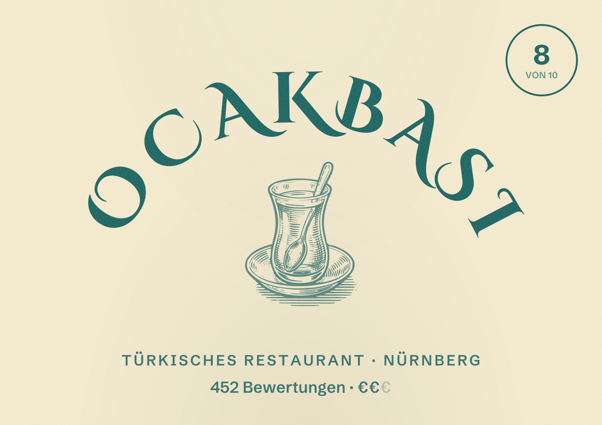 Illustriertes Poster von OCAKBASI, Türkisches Restaurant in Nürnberg: Bewertung 8,0 von 10 aus 452 Bewertungen, Preisniveau €€