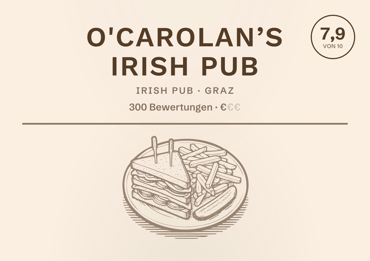 Illustriertes Poster von O'Carolan’s Irish Pub, Irish Pub in Graz: Bewertung 7,9 von 10 aus 300 Bewertungen, Preisniveau €