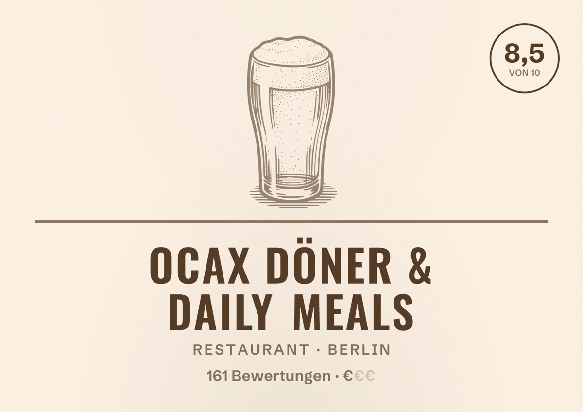 Illustriertes Poster von Ocax Döner & Daily Meals, Restaurant in Berlin: Bewertung 8,5 von 10 aus 161 Bewertungen, Preisniveau €