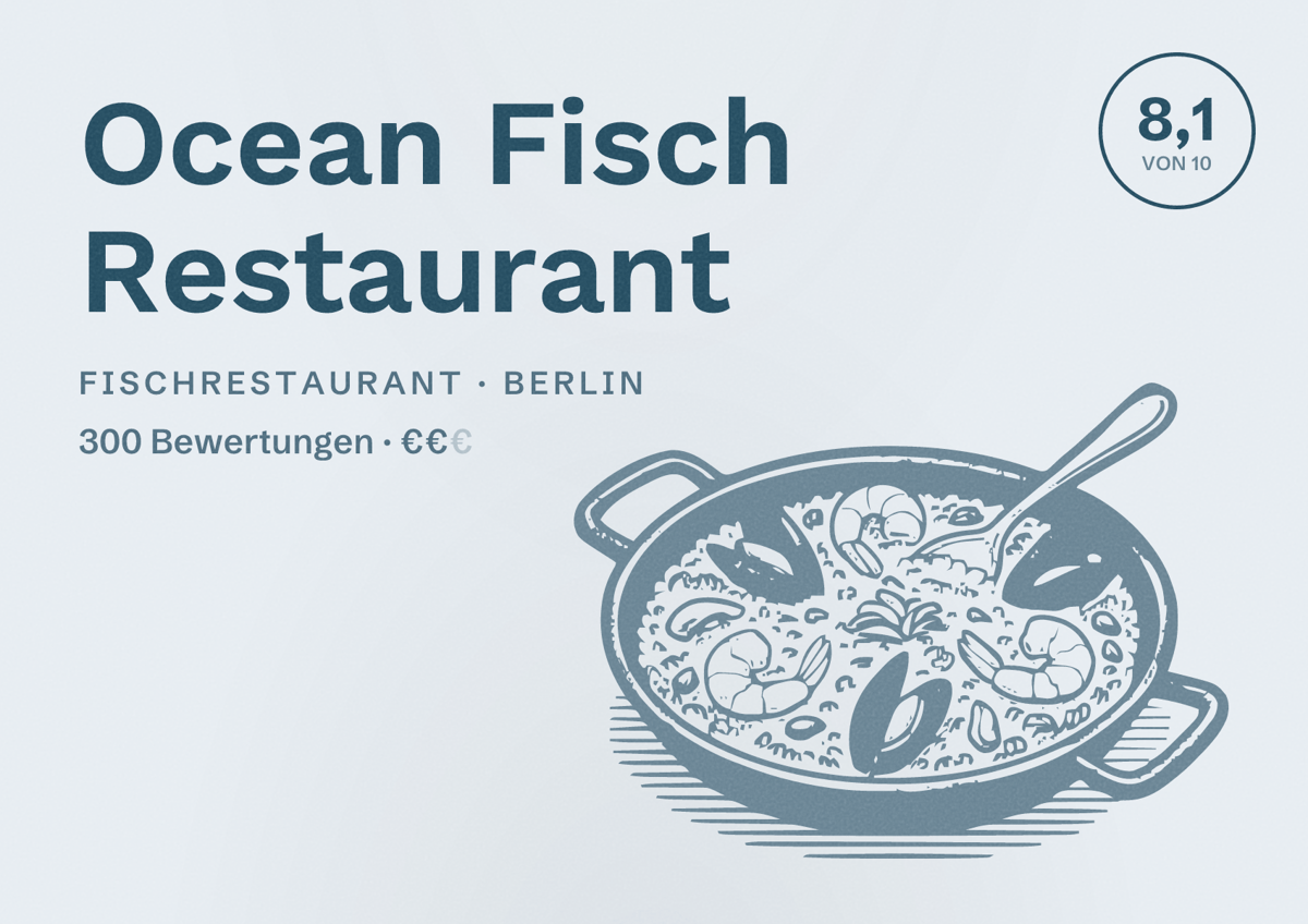 Illustriertes Poster von Ocean Fisch Restaurant, Fischrestaurant in Berlin: Bewertung 8,1 von 10 aus 300 Bewertungen, Preisniveau €€