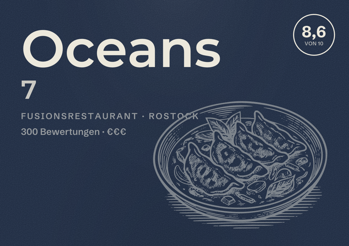 Illustriertes Poster von Oceans 7, Fusionsrestaurant in Rostock: Bewertung 8,6 von 10 aus 300 Bewertungen, Preisniveau €€€