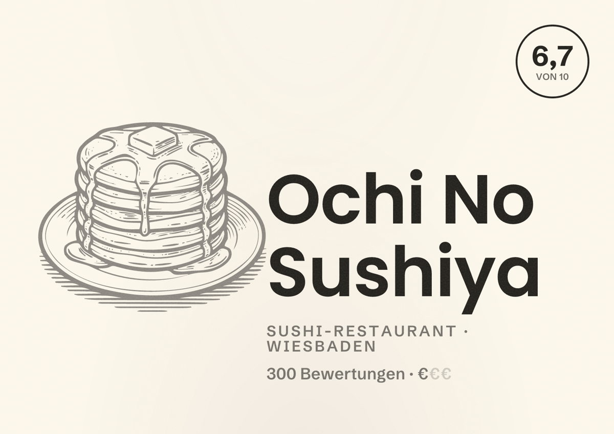 Illustriertes Poster von Ochi No Sushiya, Sushi-Restaurant in Wiesbaden: Bewertung 6,7 von 10 aus 300 Bewertungen, Preisniveau €