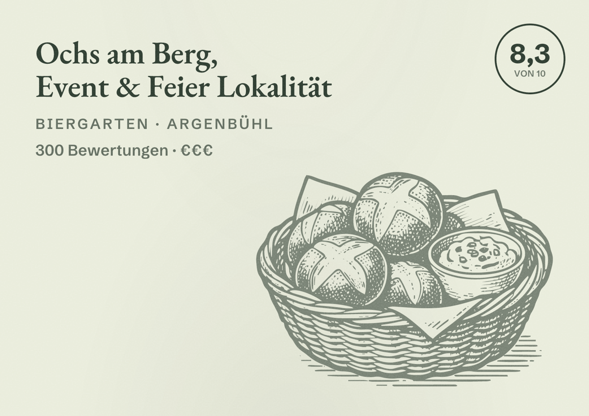 Illustriertes Poster von Ochs am Berg, Event & Feier Lokalität, Biergarten in Argenbühl: Bewertung 8,3 von 10 aus 300 Bewertungen, Preisniveau €€€