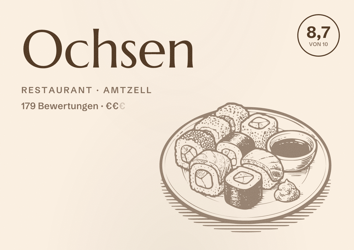 Illustriertes Poster von Ochsen, Restaurant in Amtzell: Bewertung 8,7 von 10 aus 179 Bewertungen, Preisniveau €€