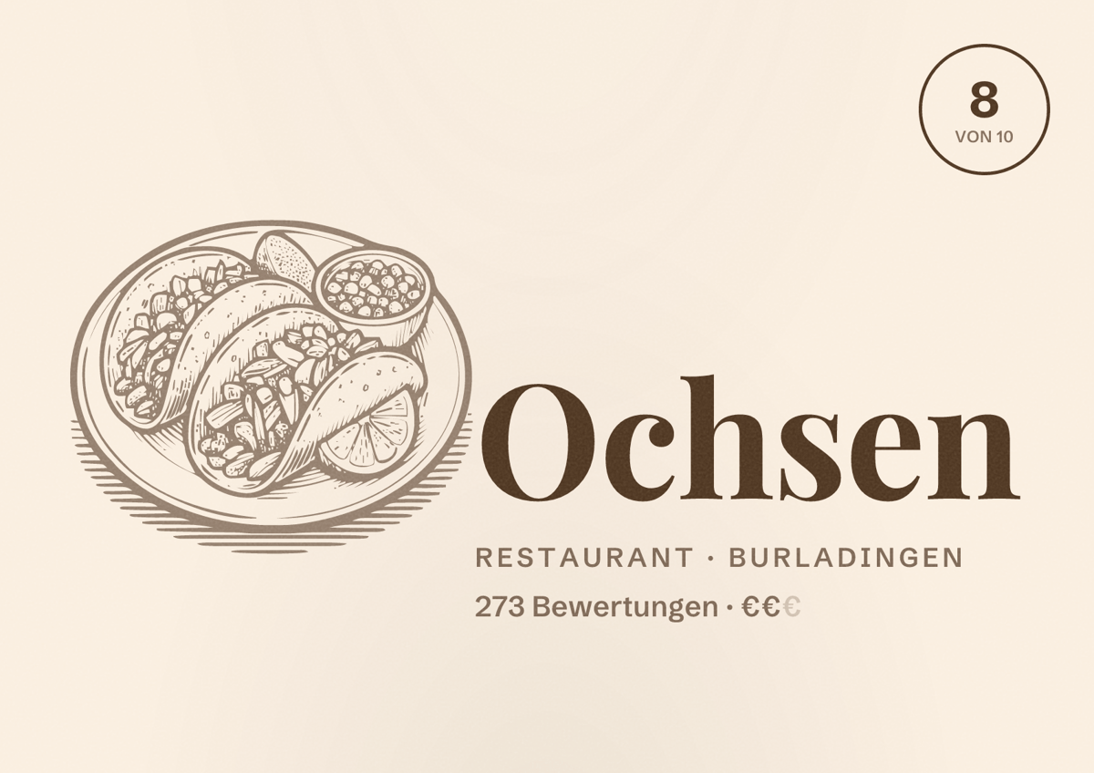 Illustriertes Poster von Ochsen, Restaurant in Burladingen: Bewertung 8 von 10 aus 273 Bewertungen, Preisniveau €€
