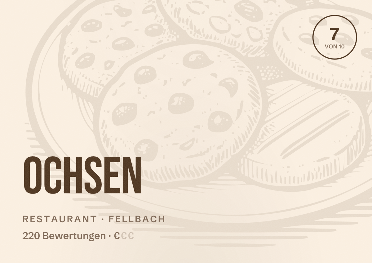 Illustriertes Poster von Ochsen, Restaurant in Fellbach: Bewertung 7 von 10 aus 220 Bewertungen, Preisniveau €