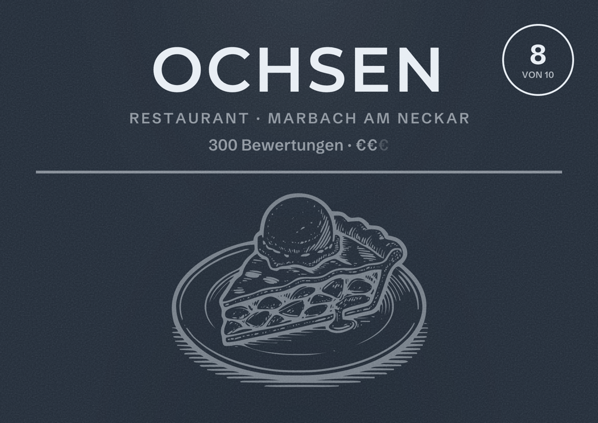 Illustriertes Poster von Ochsen, Restaurant in Marbach am Neckar: Bewertung 8 von 10 aus 300 Bewertungen, Preisniveau €€