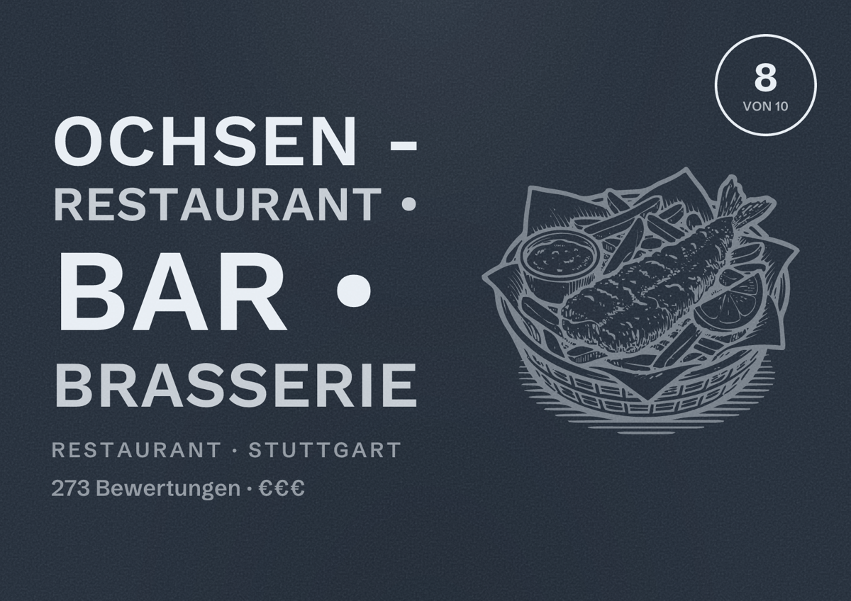 Illustriertes Poster von Ochsen - Restaurant • Bar • Brasserie, Restaurant in Stuttgart: Bewertung 8,0 von 10 aus 273 Bewertungen, Preisniveau €€€