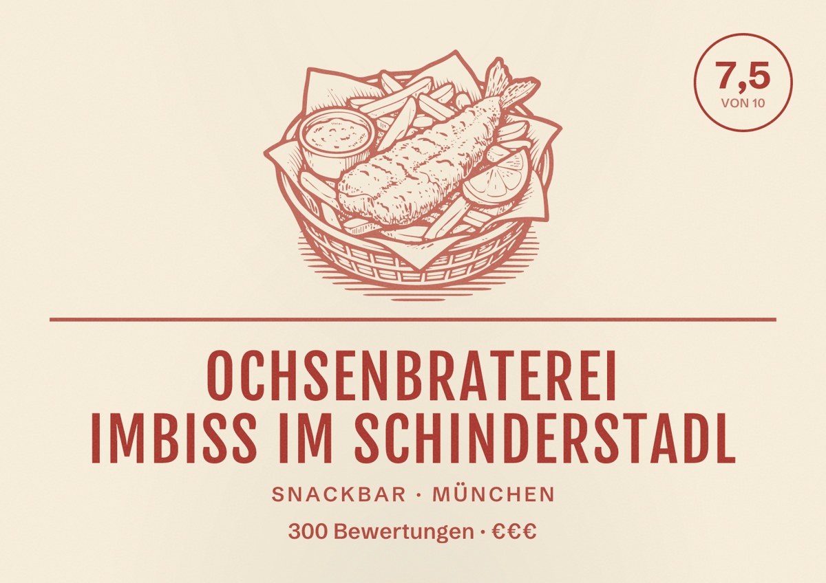 Illustriertes Poster von Ochsenbraterei Imbiss im Schinderstadl, Snackbar in München: Bewertung 7,5 von 10 aus 300 Bewertungen, Preisniveau €€€