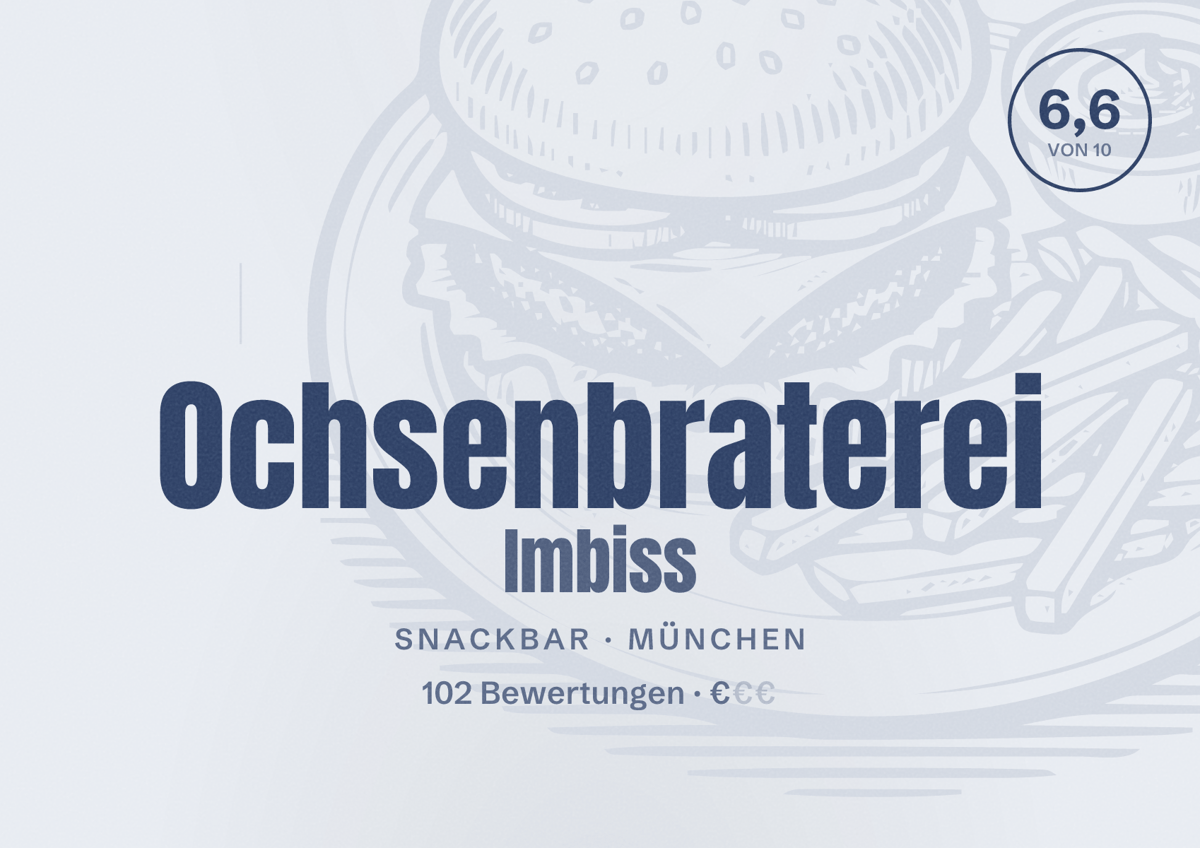 Illustriertes Poster von Ochsenbraterei Imbiss, Snackbar in München: Bewertung 6,6 von 10 aus 102 Bewertungen, Preisniveau €