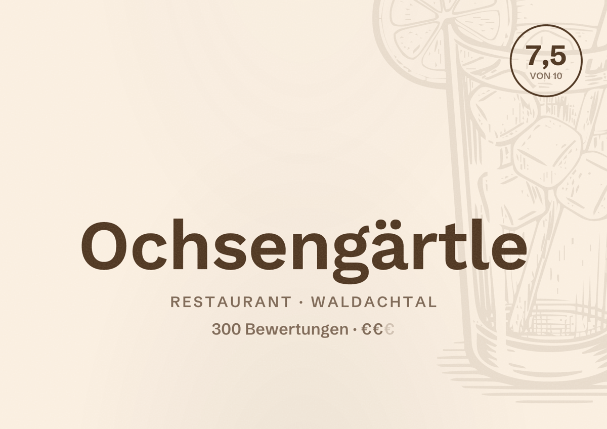 Illustriertes Poster von Ochsengärtle, Restaurant in Waldachtal: Bewertung 7,5 von 10 aus 300 Bewertungen, Preisniveau €€