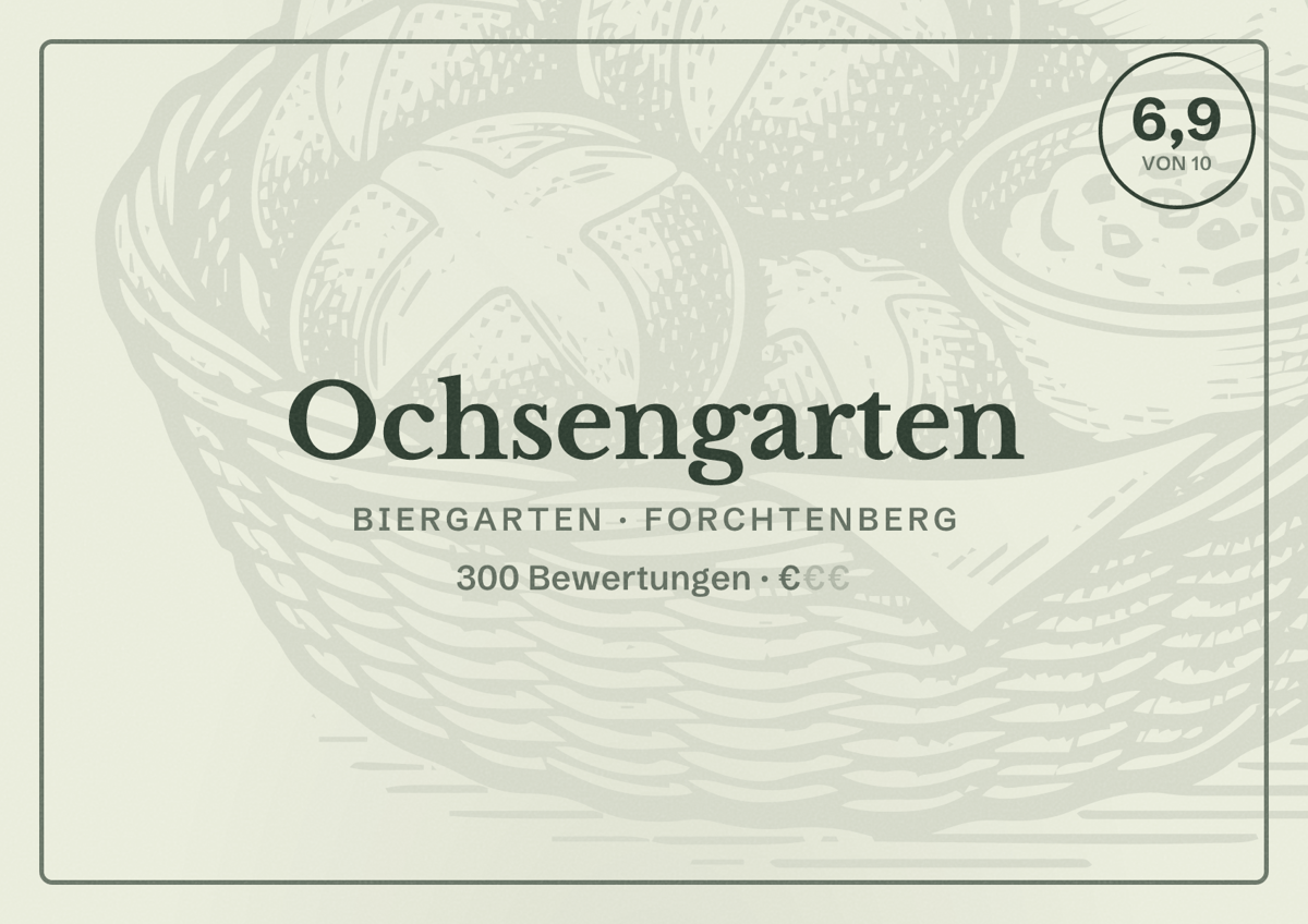 Illustriertes Poster von Ochsengarten, Biergarten in Forchtenberg: Bewertung 6,9 von 10 aus 300 Bewertungen, Preisniveau €
