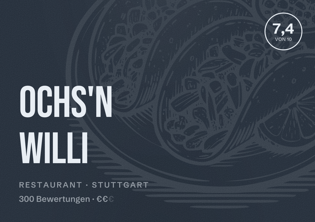 Illustriertes Poster von Ochs'n Willi, Restaurant in Stuttgart: Bewertung 7,4 von 10 aus 300 Bewertungen, Preisniveau €€