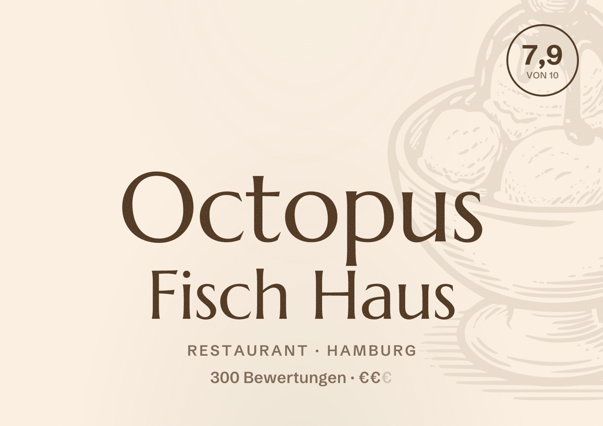 Illustriertes Poster von Octopus Fisch Haus, Restaurant in Hamburg: Bewertung 7,9 von 10 aus 300 Bewertungen, Preisniveau €€