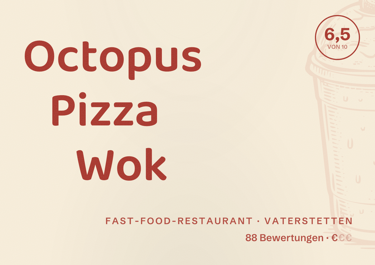 Illustriertes Poster von Octopus Pizza Wok, Fast-Food-Restaurant in Vaterstetten: Bewertung 6,5 von 10 aus 88 Bewertungen, Preisniveau €