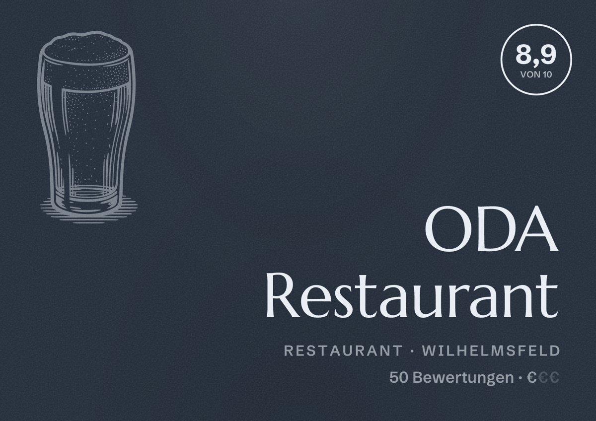 Illustriertes Poster von ODA Restaurant, Restaurant in Wilhelmsfeld: Bewertung 8,9 von 10 aus 50 Bewertungen, Preisniveau €