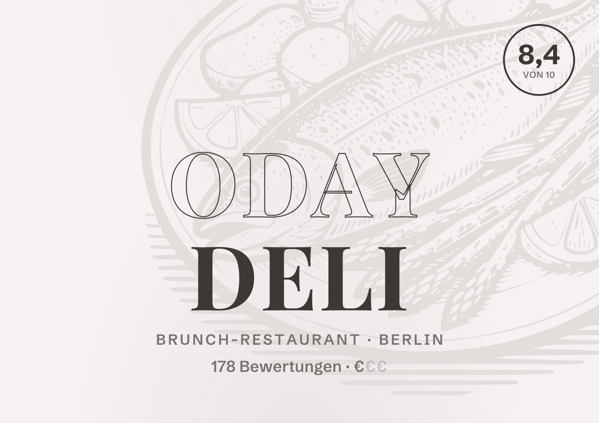 Illustriertes Poster von ODAY DELI, Brunch-Restaurant in Berlin: Bewertung 8,4 von 10 aus 178 Bewertungen, Preisniveau €