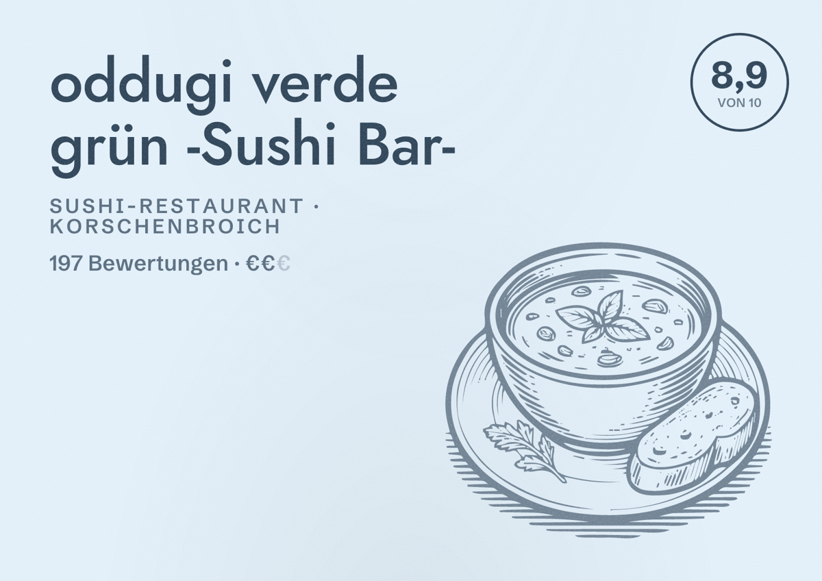 Illustriertes Poster von oddugi verde grün -Sushi Bar-, Sushi-Restaurant in Korschenbroich: Bewertung 8,9 von 10 aus 197 Bewertungen, Preisniveau €€