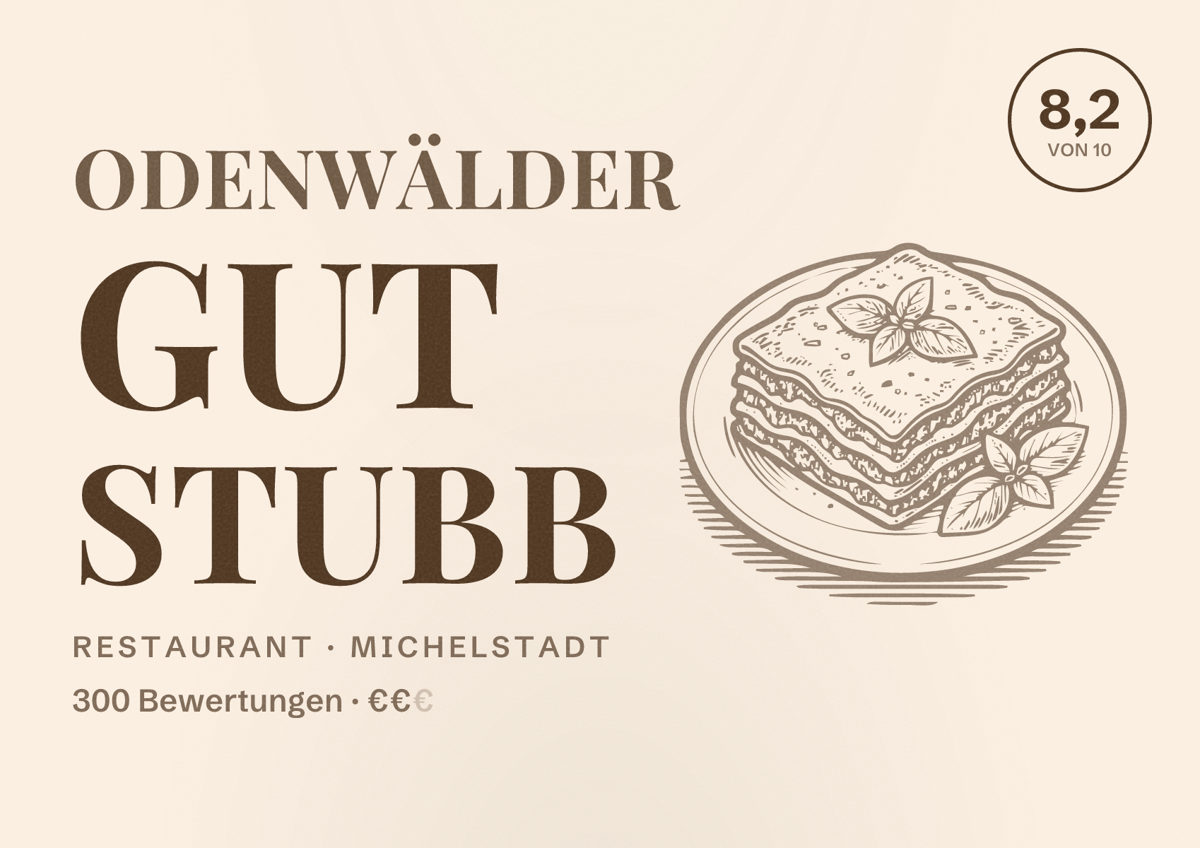 Illustriertes Poster von Odenwälder Gut Stubb, Restaurant in Michelstadt: Bewertung 8,2 von 10 aus 300 Bewertungen, Preisniveau €€