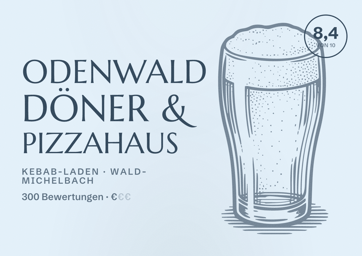 Illustriertes Poster von Odenwald Döner & Pizzahaus, Kebab-Laden in Wald-Michelbach: Bewertung 8,4 von 10 aus 300 Bewertungen, Preisniveau €