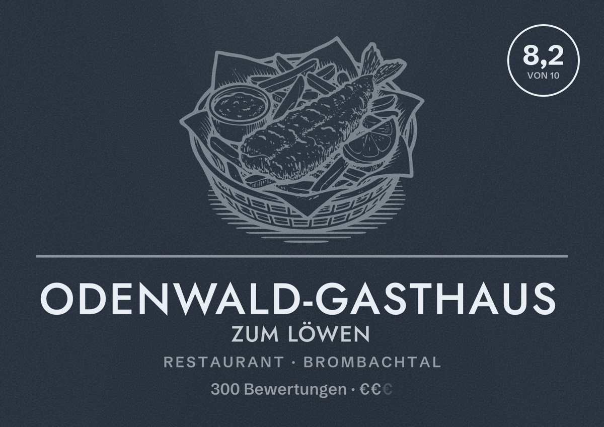 Illustriertes Poster von Odenwald-Gasthaus Zum Löwen, Restaurant in Brombachtal: Bewertung 8,2 von 10 aus 300 Bewertungen, Preisniveau €€