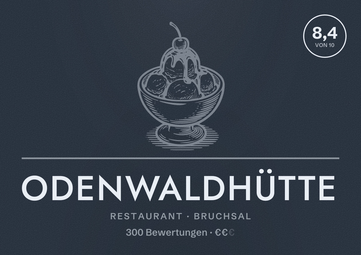 Illustriertes Poster von Odenwaldhütte, Restaurant in Bruchsal: Bewertung 8,4 von 10 aus 300 Bewertungen, Preisniveau €€