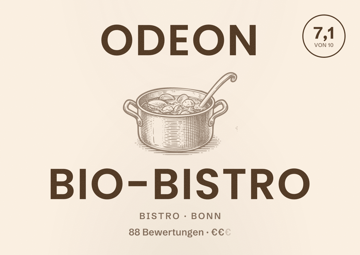 Illustriertes Poster von Odeon Bio-Bistro, Bistro in Bonn: Bewertung 7,1 von 10 aus 88 Bewertungen, Preisniveau €€