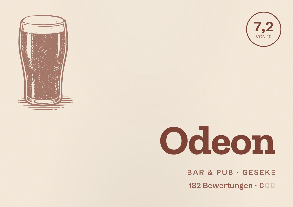 Illustriertes Poster von Odeon, Bar & Pub in Geseke: Bewertung 7,2 von 10 aus 182 Bewertungen, Preisniveau €