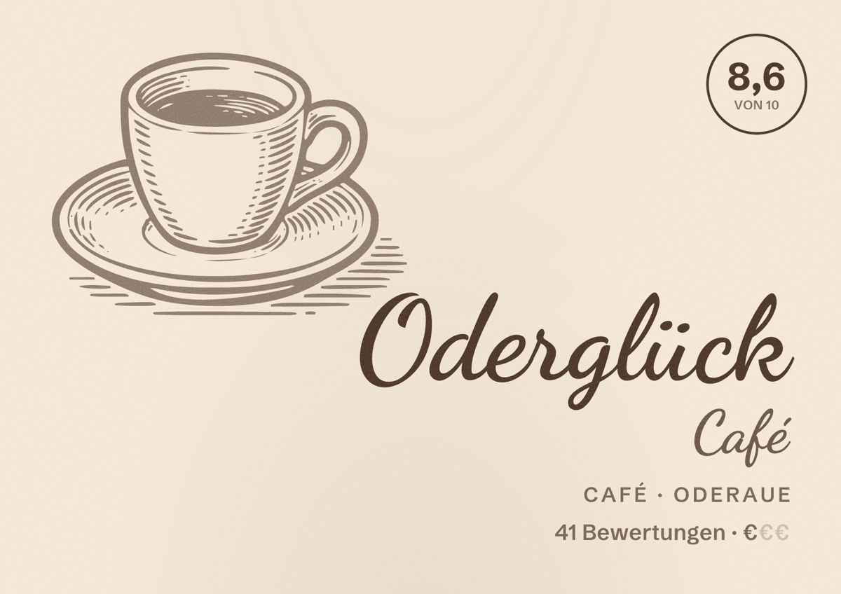Illustriertes Poster von Oderglück Café, Café in Oderaue: Bewertung 8,6 von 10 aus 41 Bewertungen, Preisniveau €