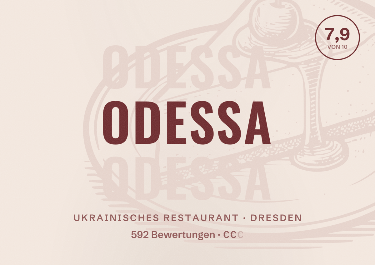 Illustriertes Poster von Odessa, Ukrainisches Restaurant in Dresden: Bewertung 7,9 von 10 aus 592 Bewertungen, Preisniveau €€