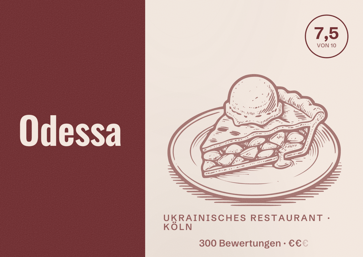 Illustriertes Poster von Odessa, Ukrainisches Restaurant in Köln: Bewertung 7,5 von 10 aus 300 Bewertungen, Preisniveau €€