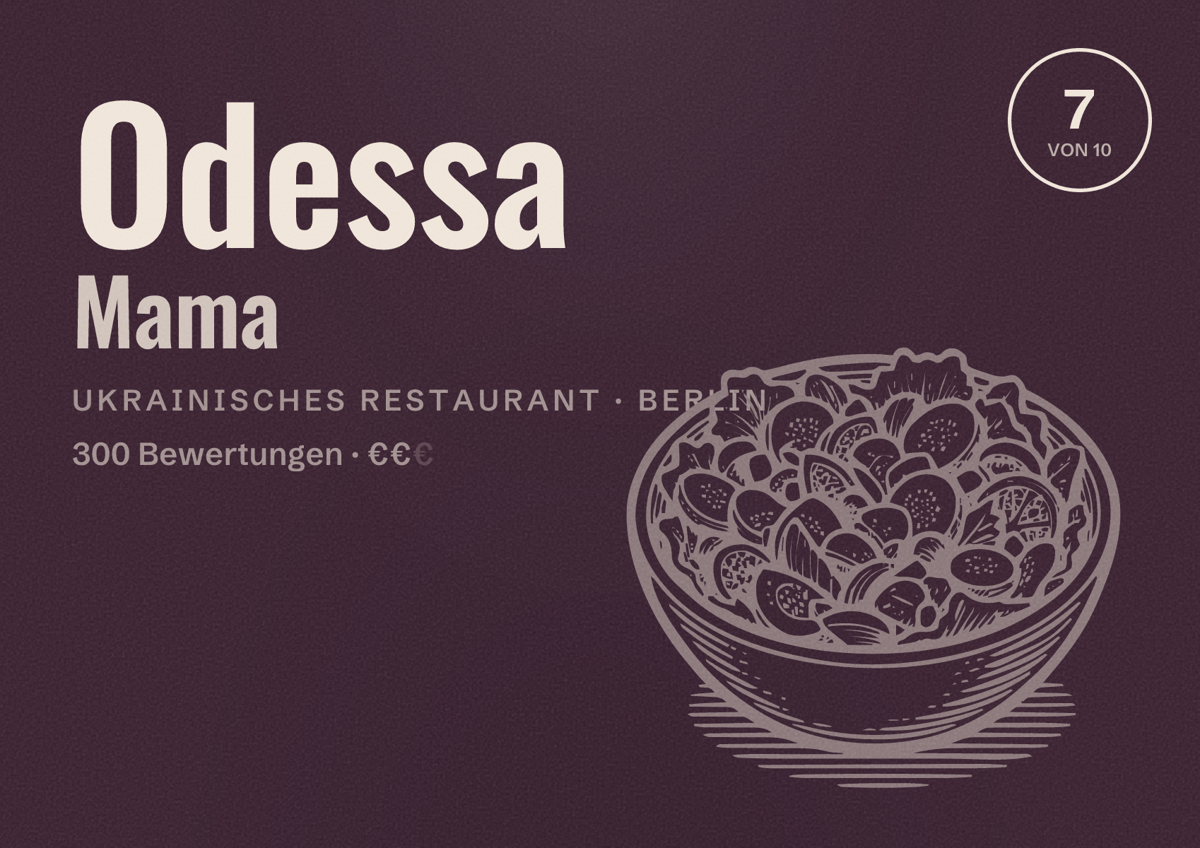 Illustriertes Poster von Odessa Mama, Ukrainisches Restaurant in Berlin: Bewertung 7,0 von 10 aus 300 Bewertungen, Preisniveau €€