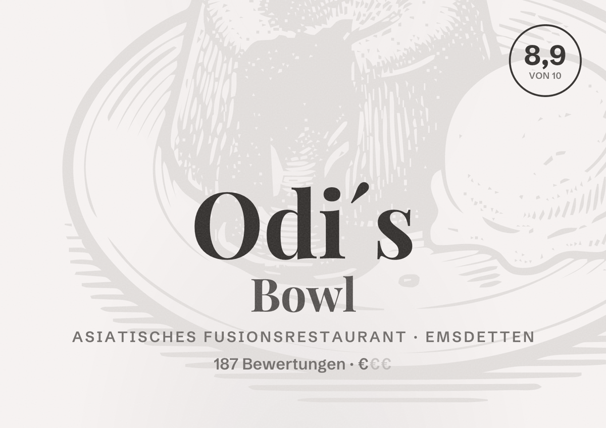 Illustriertes Poster von Odi´s Bowl, Asiatisches Fusionsrestaurant in Emsdetten: Bewertung 8,9 von 10 aus 187 Bewertungen, Preisniveau €