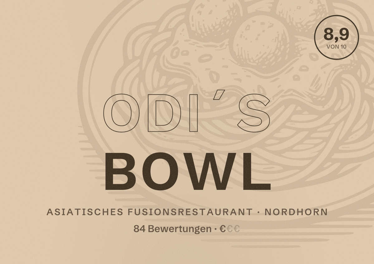 Illustriertes Poster von Odi´s Bowl, Asiatisches Fusionsrestaurant in Nordhorn: Bewertung 8,9 von 10 aus 84 Bewertungen, Preisniveau €