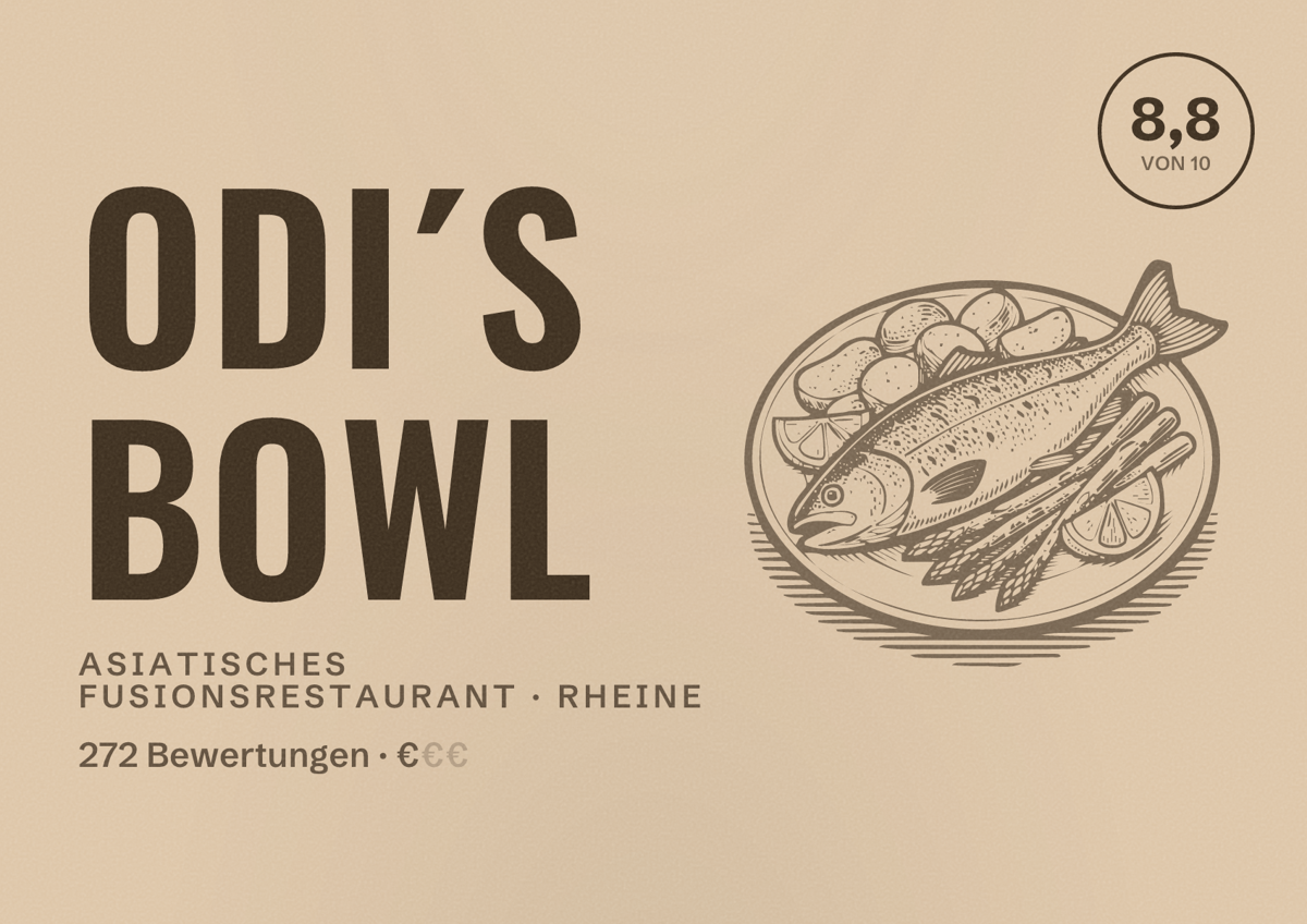 Illustriertes Poster von Odi´s Bowl, Asiatisches Fusionsrestaurant in Rheine: Bewertung 8,8 von 10 aus 272 Bewertungen, Preisniveau €