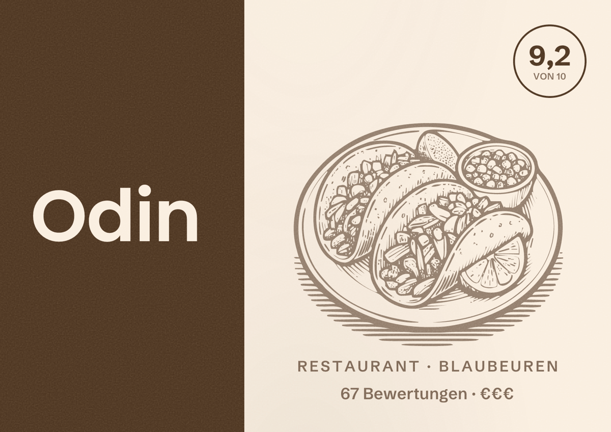 Illustriertes Poster von Odin, Restaurant in Blaubeuren: Bewertung 9,2 von 10 aus 67 Bewertungen, Preisniveau €€€