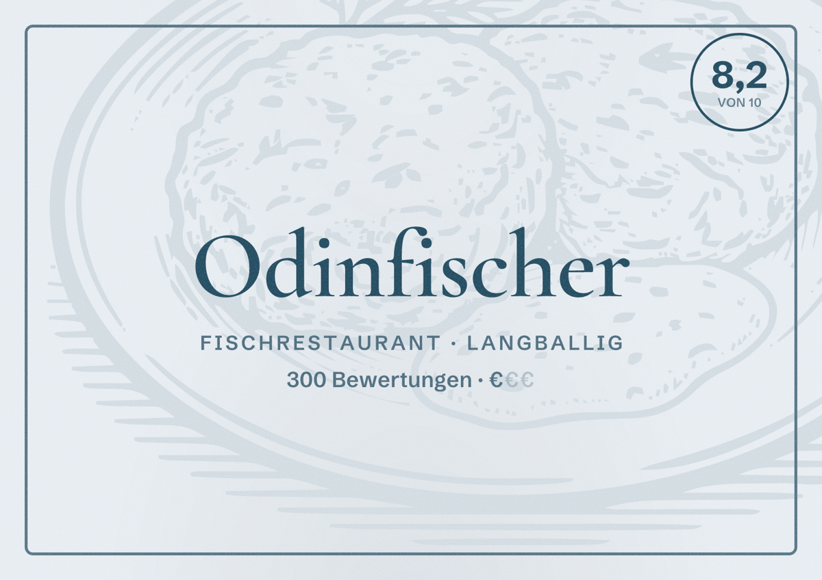 Illustriertes Poster von Odinfischer, Fischrestaurant in Langballig: Bewertung 8,2 von 10 aus 300 Bewertungen, Preisniveau €