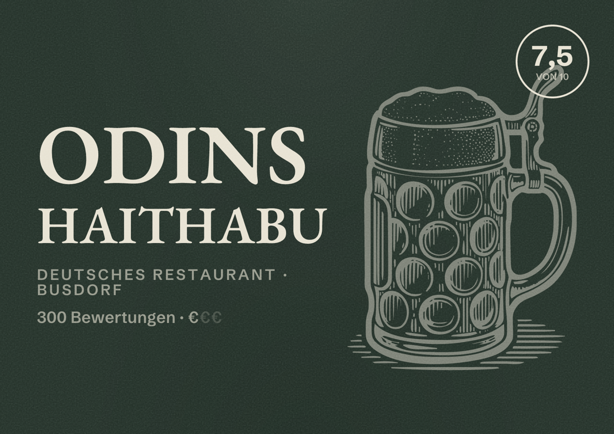 Illustriertes Poster von ODINS Haithabu, Deutsches Restaurant in Busdorf: Bewertung 7,5 von 10 aus 300 Bewertungen, Preisniveau €