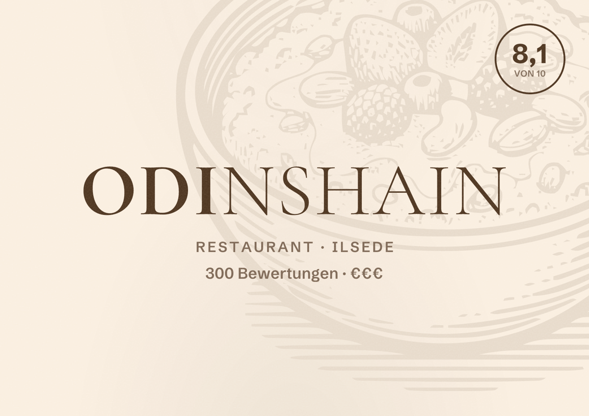 Illustriertes Poster von Odinshain, Restaurant in Ilsede: Bewertung 8,1 von 10 aus 300 Bewertungen, Preisniveau €€€