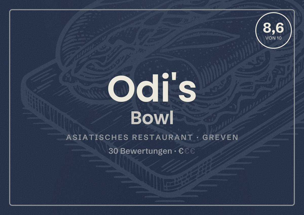 Illustriertes Poster von Odi's Bowl, Asiatisches Restaurant in Greven: Bewertung 8,6 von 10 aus 30 Bewertungen, Preisniveau €