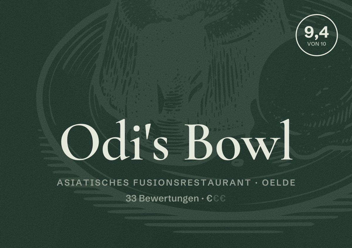 Illustriertes Poster von Odi's Bowl, Asiatisches Fusionsrestaurant in Oelde: Bewertung 9,4 von 10 aus 33 Bewertungen, Preisniveau €