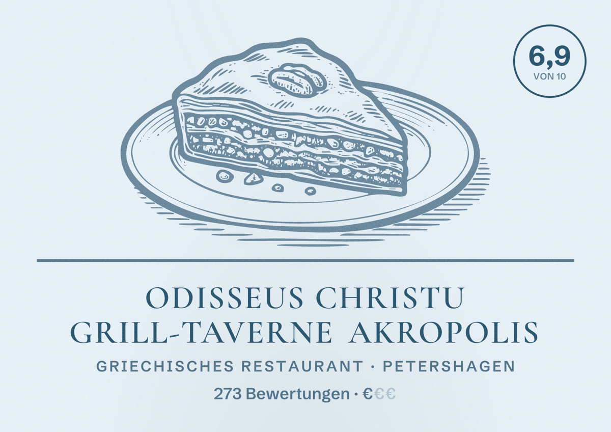 Illustriertes Poster von Odisseus Christu Grill-Taverne Akropolis, Griechisches Restaurant in Petershagen: Bewertung 6,9 von 10 aus 273 Bewertungen, Preisniveau €