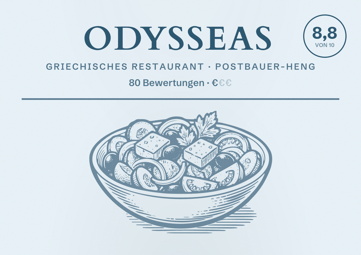 Illustriertes Poster von Odysseas, Griechisches Restaurant in Postbauer-Heng: Bewertung 8,8 von 10 aus 80 Bewertungen, Preisniveau €