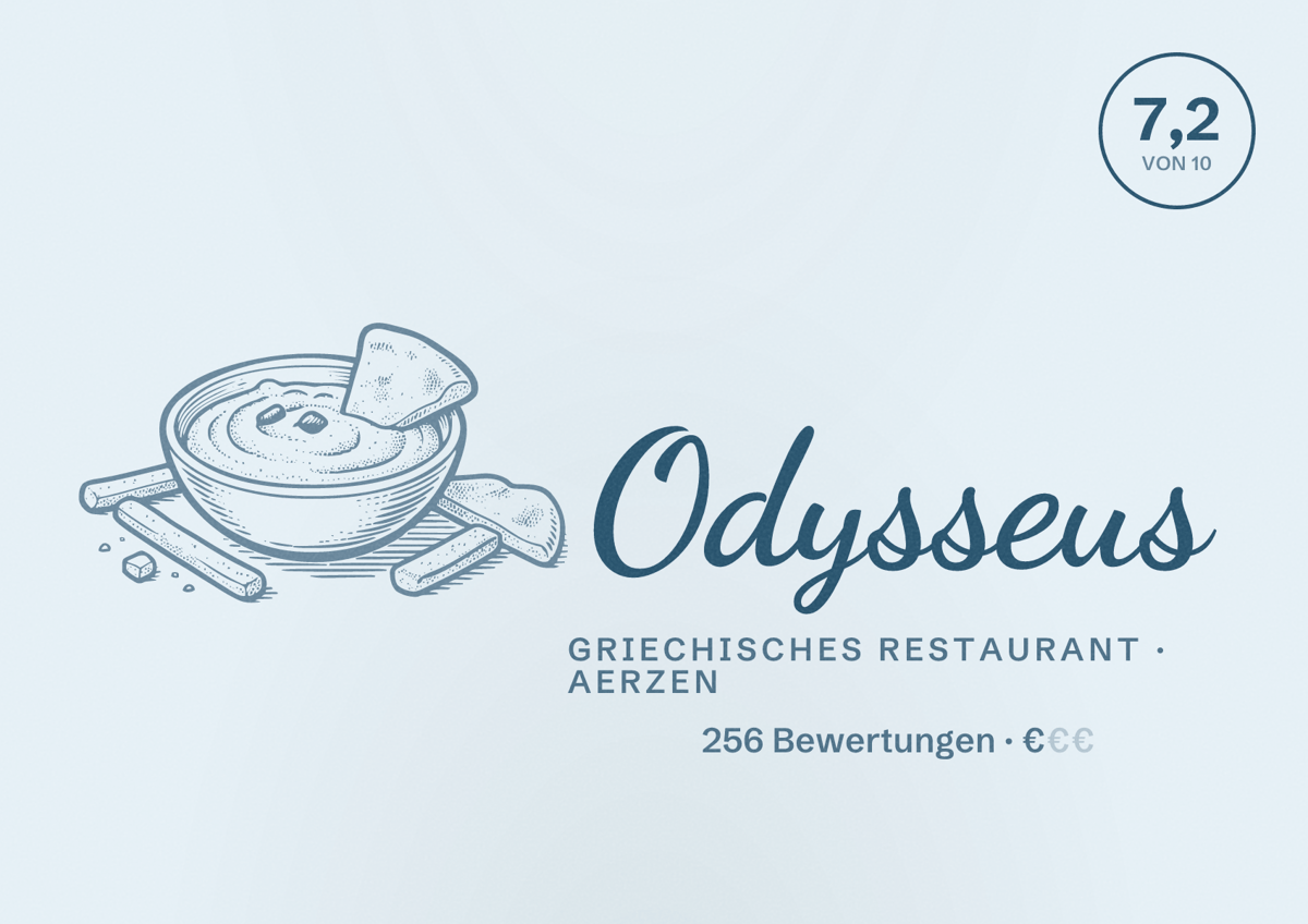 Illustriertes Poster von Odysseus, Griechisches Restaurant in Aerzen: Bewertung 7,2 von 10 aus 256 Bewertungen, Preisniveau €