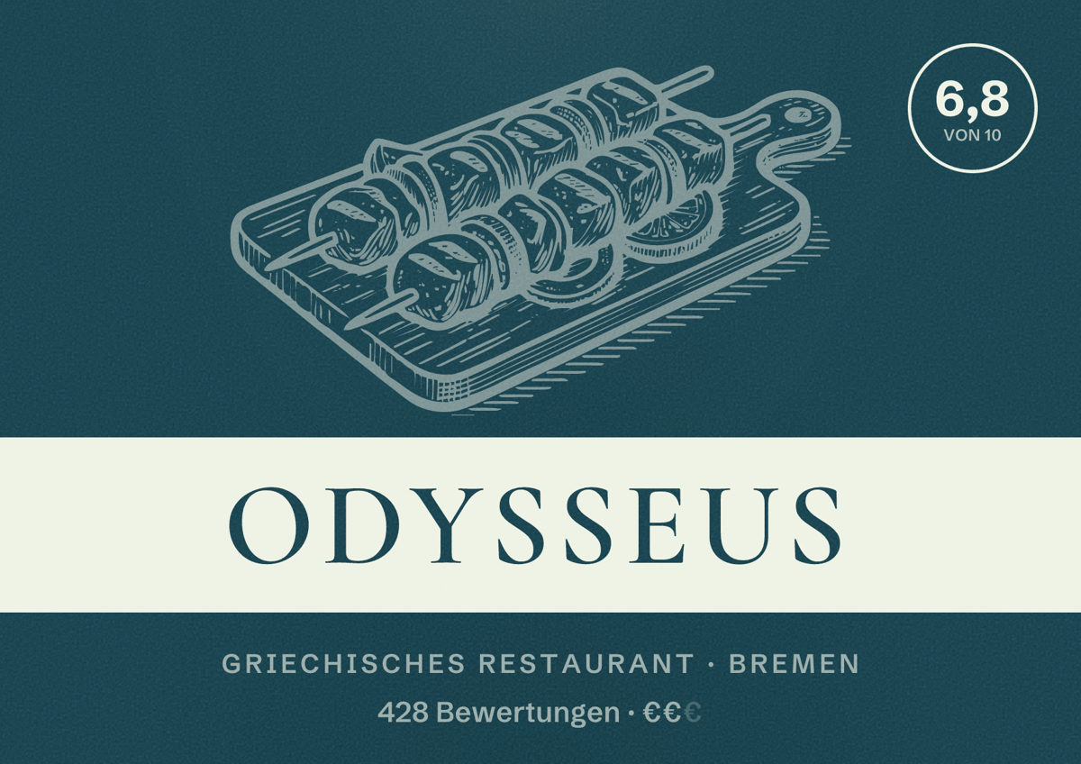 Illustriertes Poster von Odysseus, Griechisches Restaurant in Bremen: Bewertung 6,8 von 10 aus 428 Bewertungen, Preisniveau €€