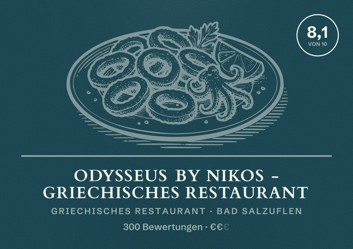 Illustriertes Poster von Odysseus by Nikos - Griechisches Restaurant, Griechisches Restaurant in Bad Salzuflen: Bewertung 8,1 von 10 aus 300 Bewertungen, Preisniveau €€