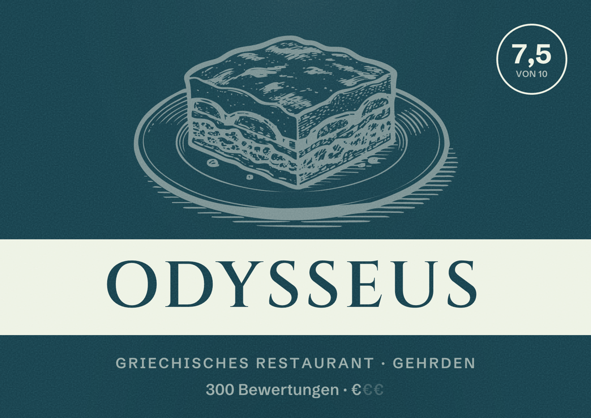 Illustriertes Poster von Odysseus, Griechisches Restaurant in Gehrden: Bewertung 7,5 von 10 aus 300 Bewertungen, Preisniveau €